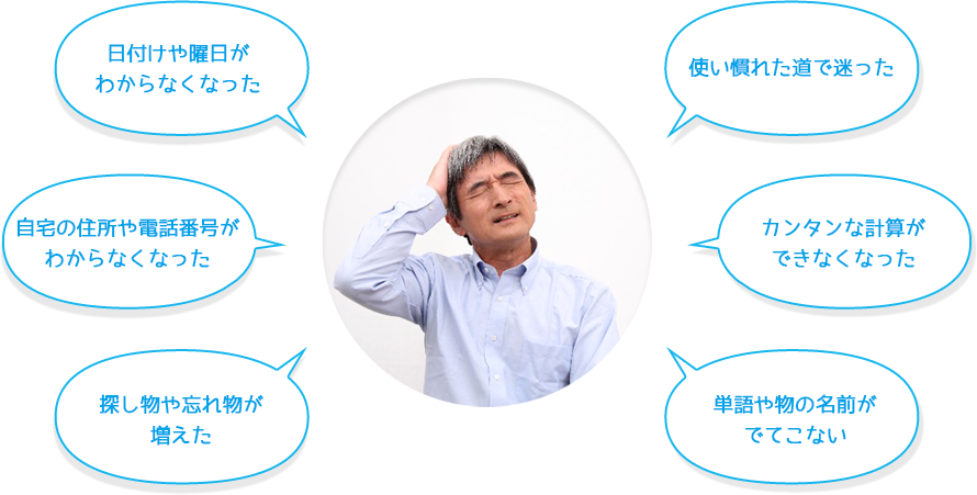 探し物や忘れ物が増えた 自宅の住所や電話番号がわからなくなった 日付けや曜日がわからなくなった 単語や物の名前がでてこない カンタンな計算ができなくなった 使い慣れた道で迷った